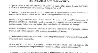 COMUNICAZIONE DATA PROVA SCRITTA CONCORSO AGENTI DI P.M.