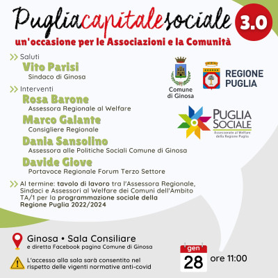 PUGLIA CAPITALE SOCIALE 3.0, UN’OCCASIONE PER LE ASSOCIAZIONI E LA COMU...