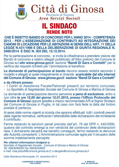 BANDO DI CONCORSO PER L’ANNO 2014- COMPETENZA 2013 - PER L’ASSEGN...